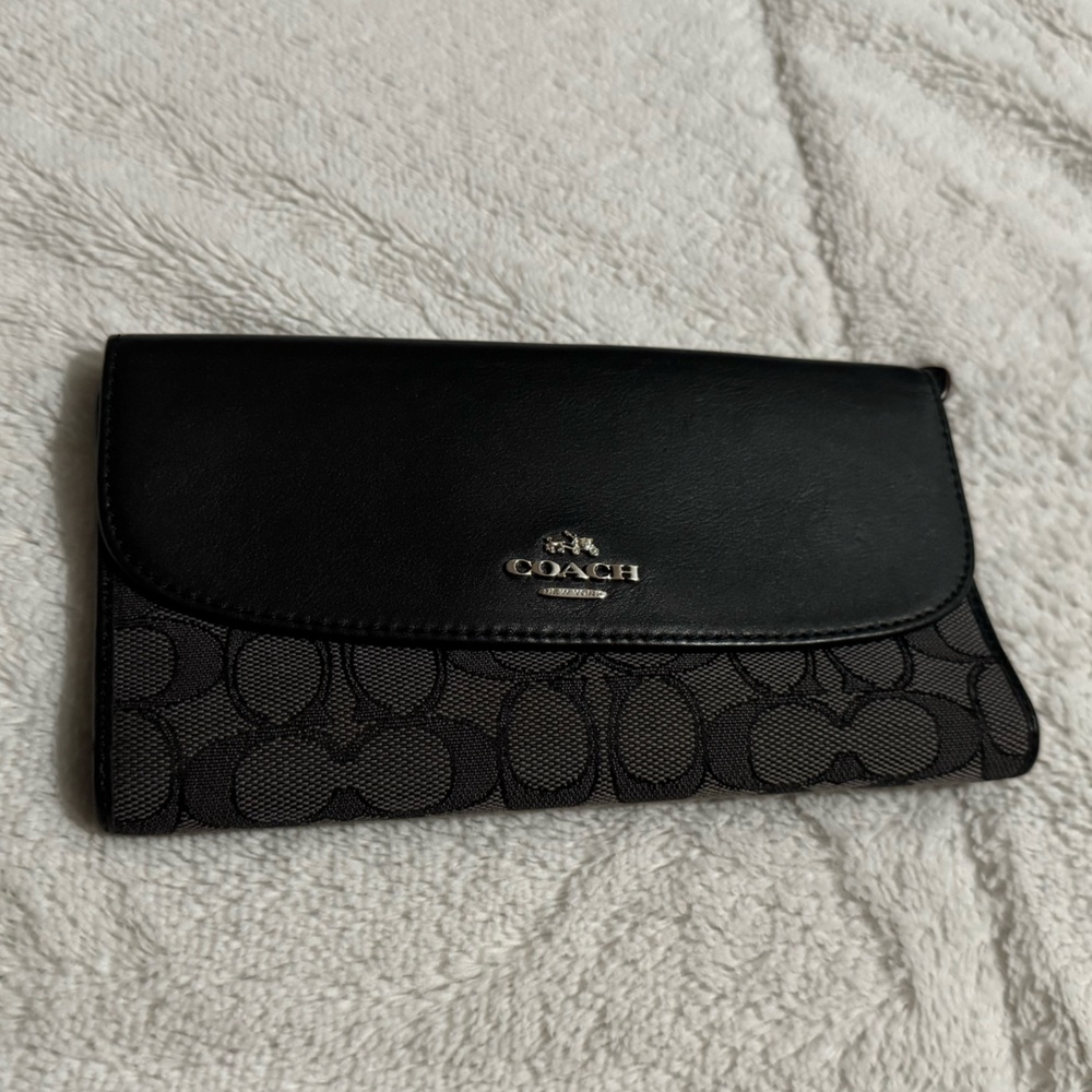 🖤Coach Black/Grey Signature Coated Canvas and Leather Slim Envelope Wallet🖤